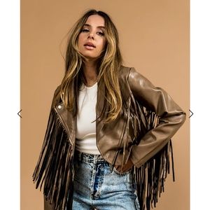 NWT Dressed in LaLa vegan brown leather fringe coast to coast jacket